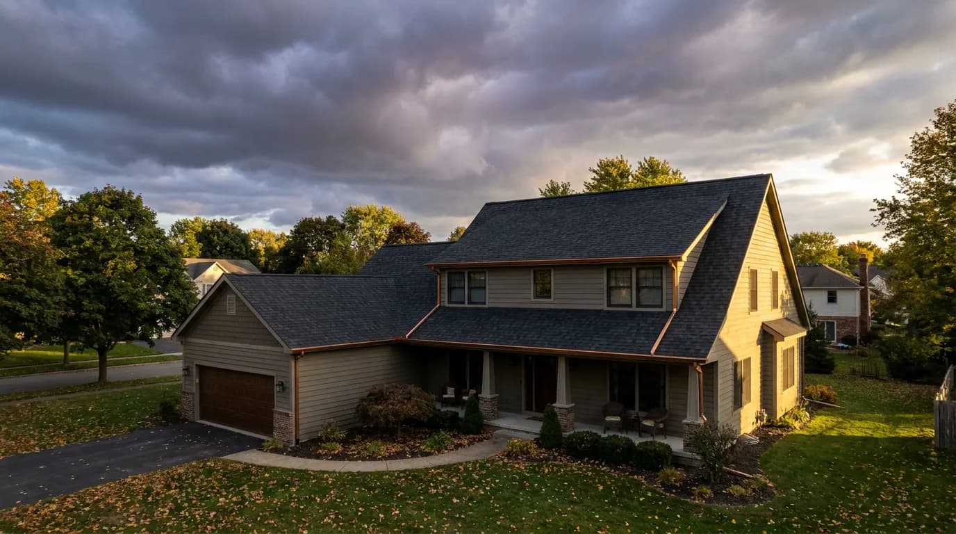 A Western New York home with a new charcoal architectural shingle roof at golden hour