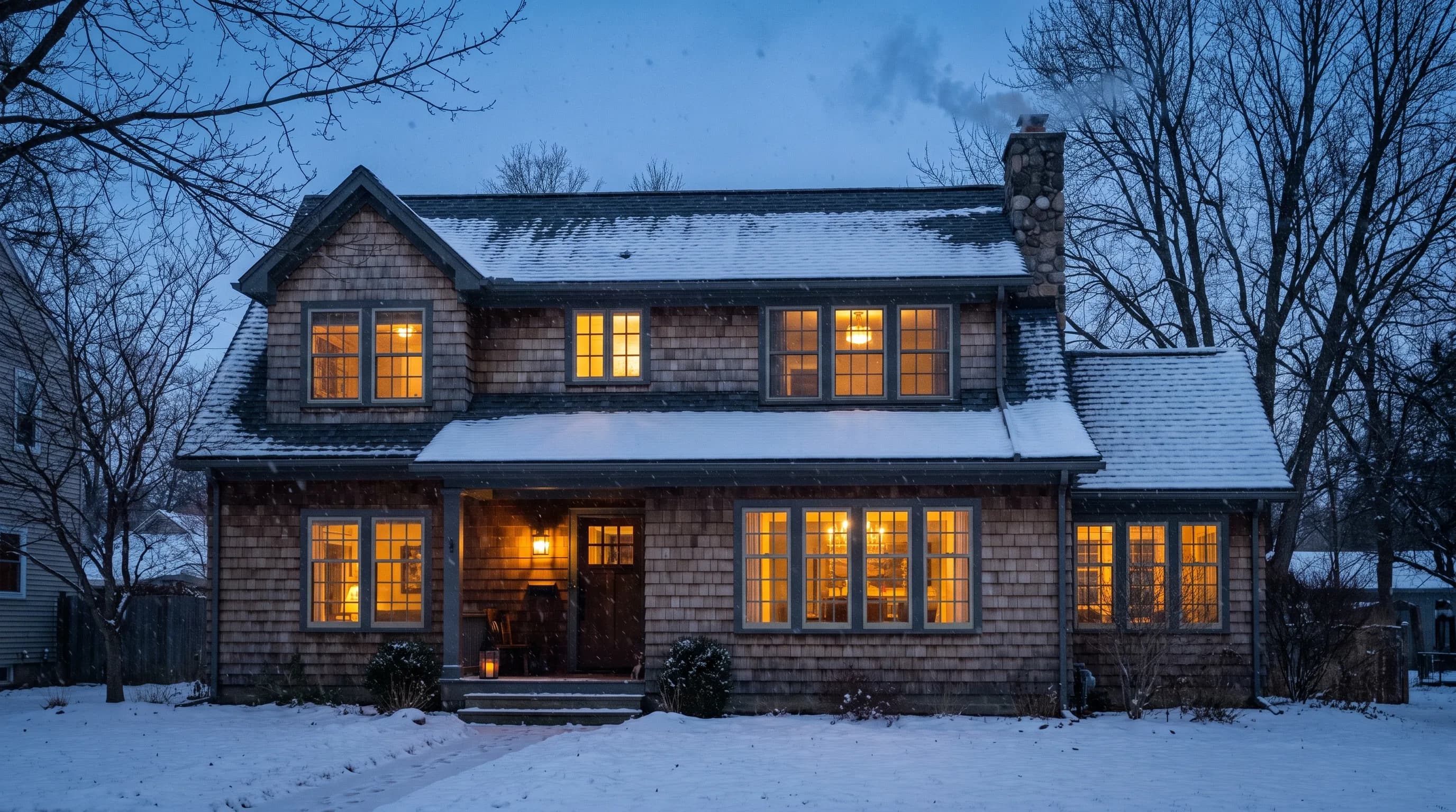 A Buffalo home warm and protected under a new roof on a winter evening