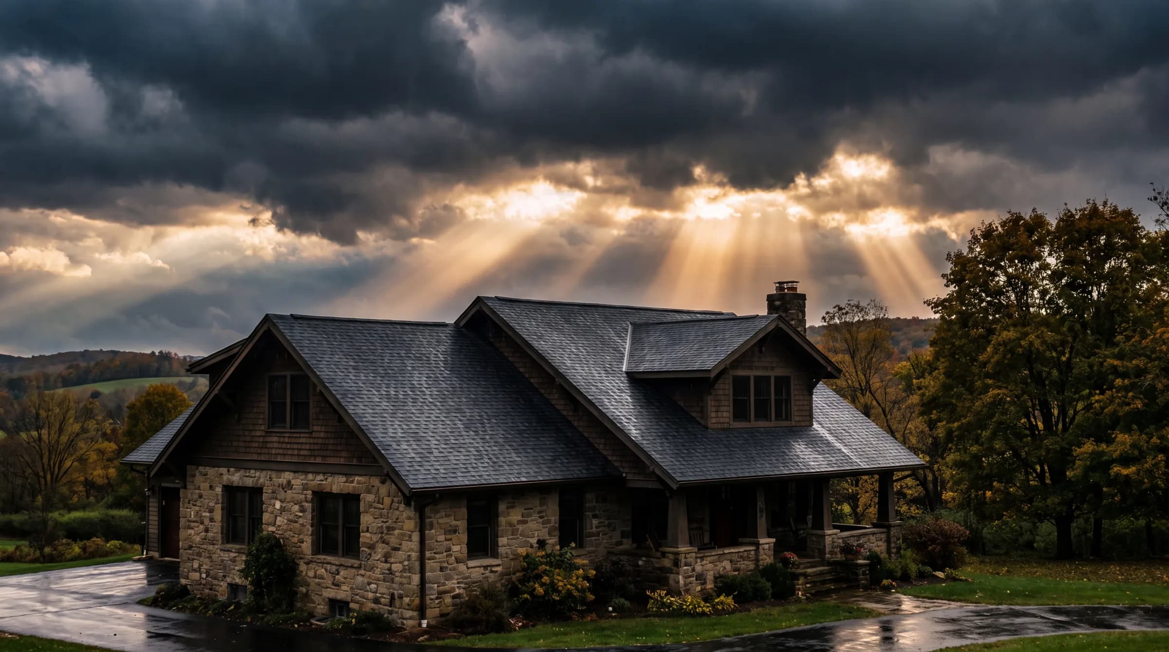 A Western New York home standing protected under a breaking storm sky