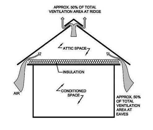 The image is a cross-sectional diagram of a house illustrating attic ventilation. It shows airflow entering through the eaves at the bottom and exiting through vents at the roof ridge. Labels indicate that approximately 50% of the ventilation area is at the ridge and 50% at the eaves. The attic space above insulation is ventilated, while the lower section is labeled as conditioned space, highlighting how proper ventilation maintains attic temperature and reduces moisture.